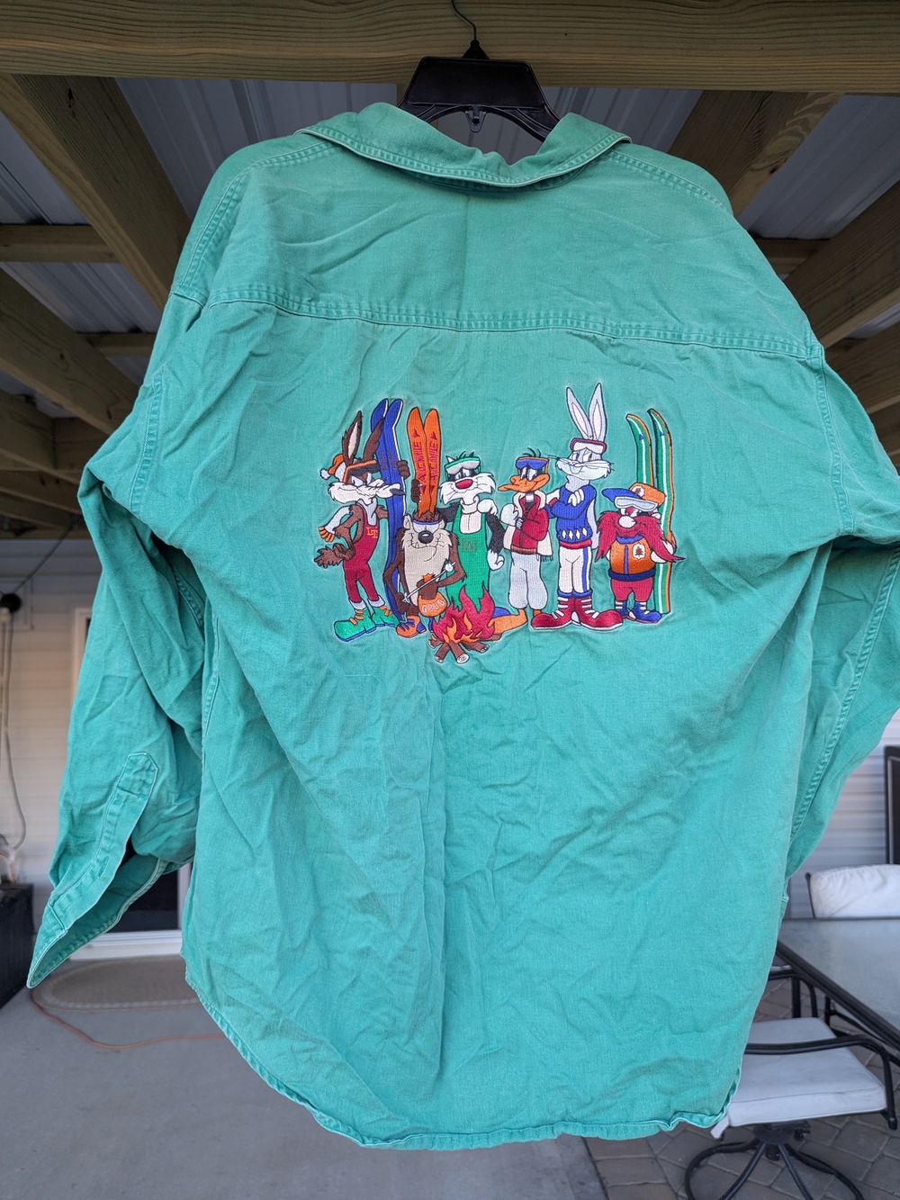 ACME Teal Green Women’s Button-Down Shirt with Ski Cartoon Back Embroidery